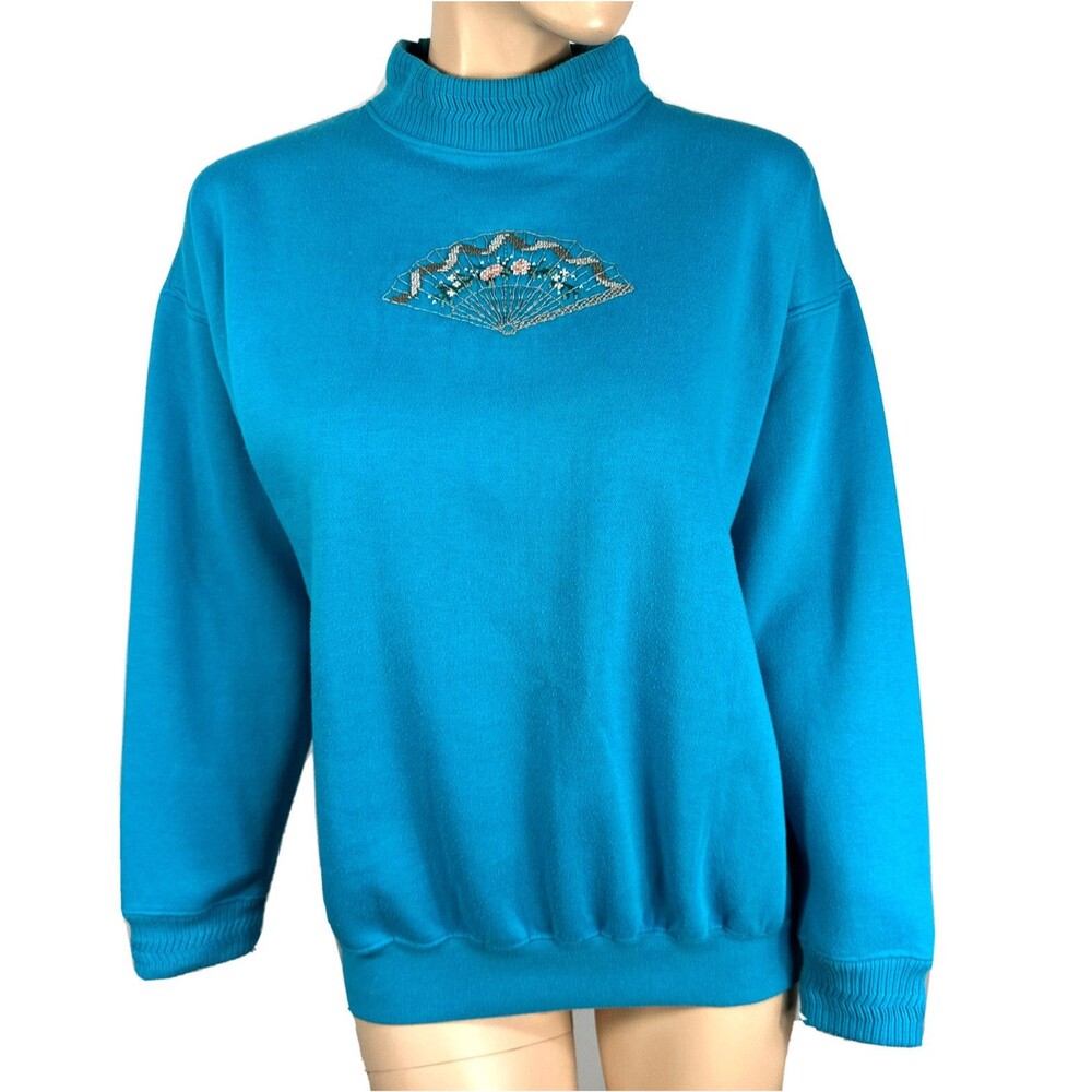 Vintage French Navy Blue Embroidered Fan Mock Neck Pullover Sweatshirt Women’s S